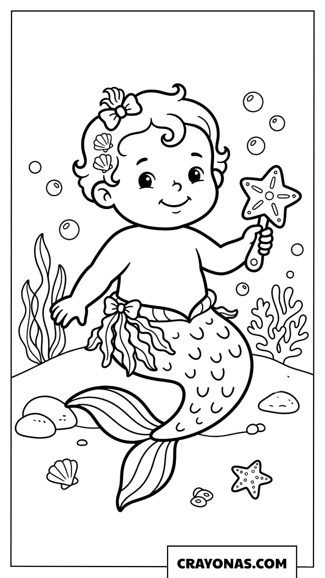 Baby Mermaid with Starfish Wand Coloring Page