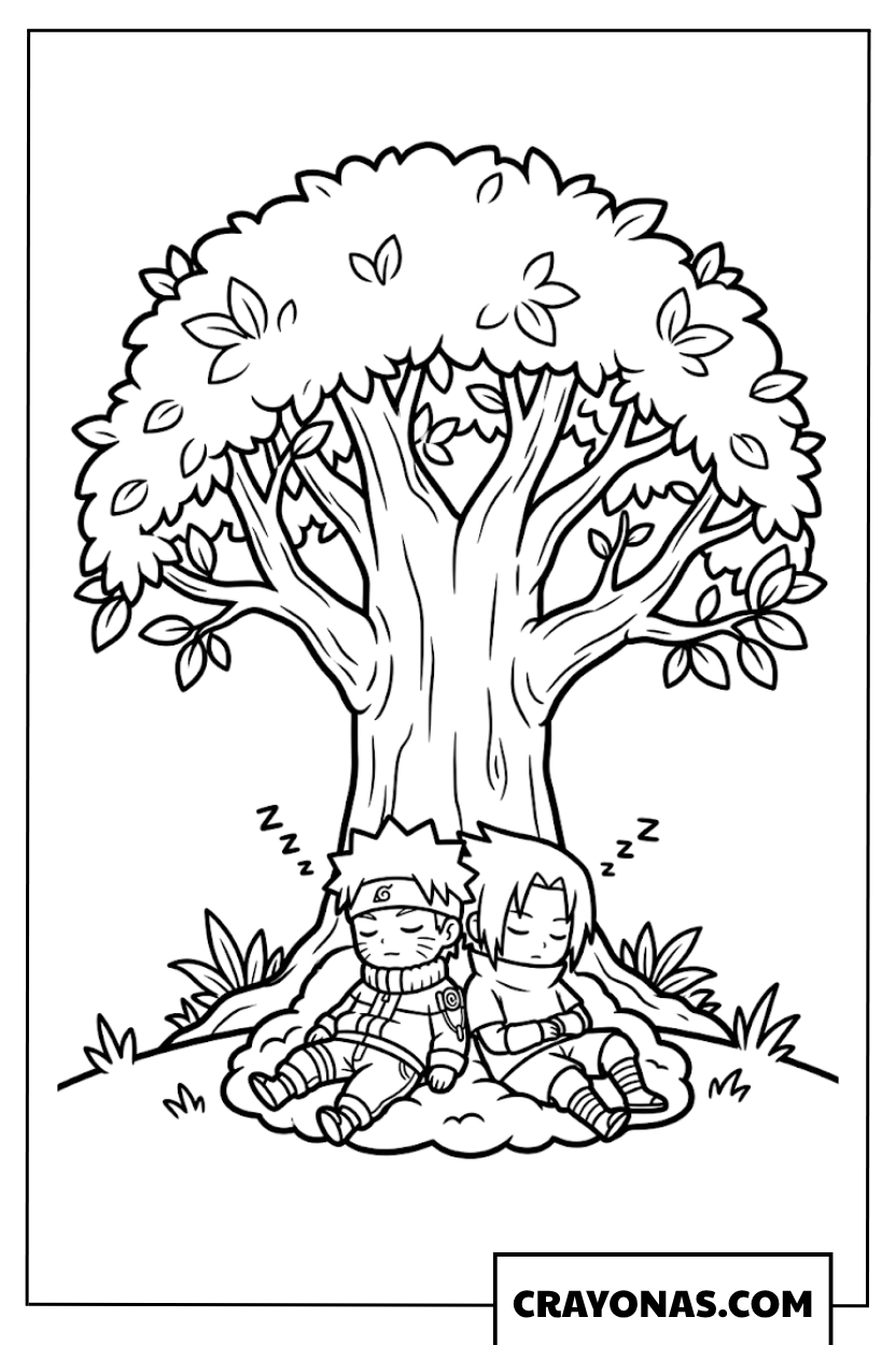 Baby Naruto and Sasuke Sleeping Under Tree Coloring Page