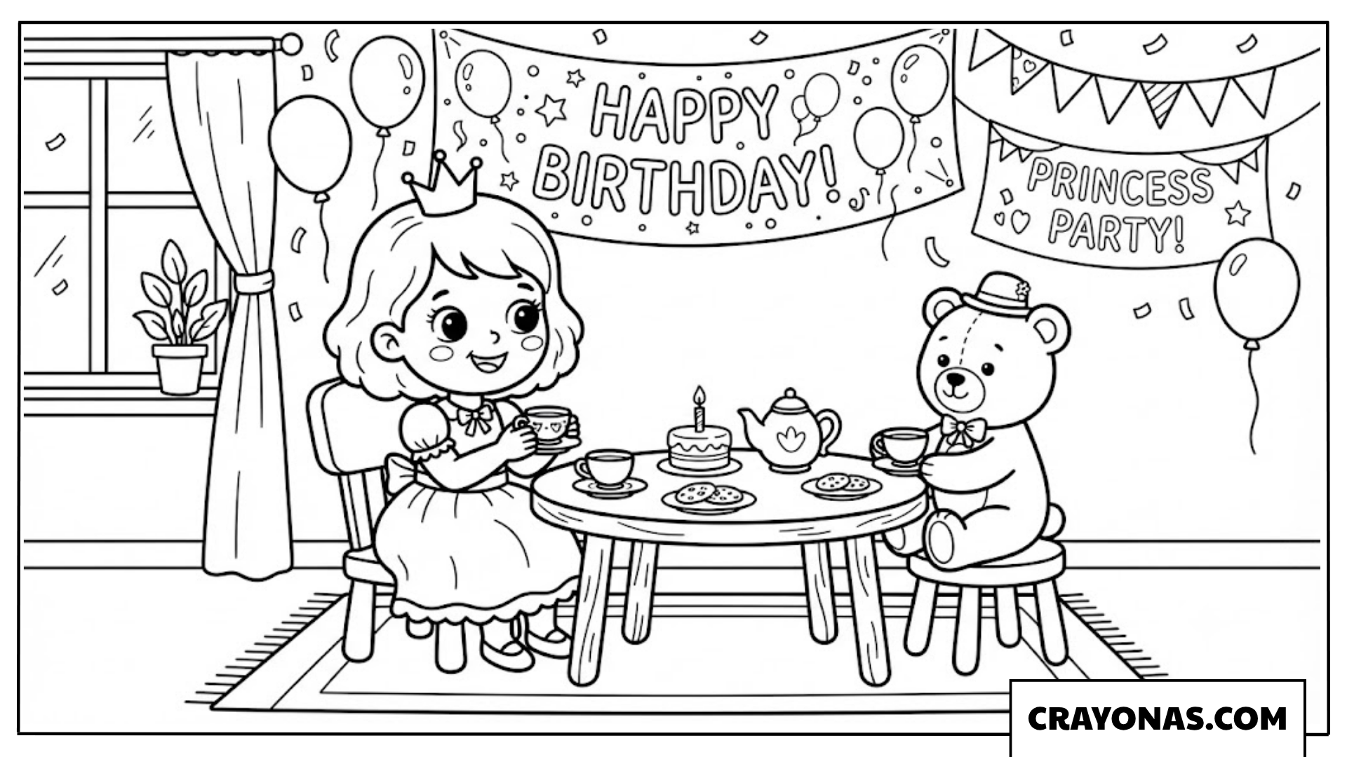 Baby Princess Birthday Tea Party Coloring Page
