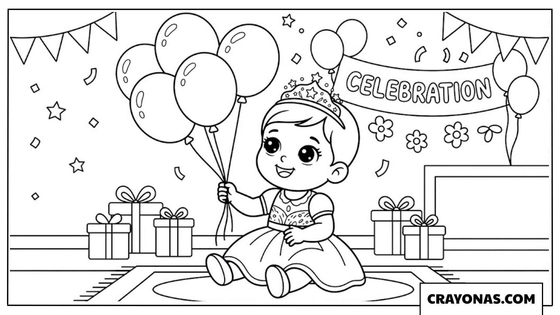 Baby Princess Celebration Balloons Coloring Page
