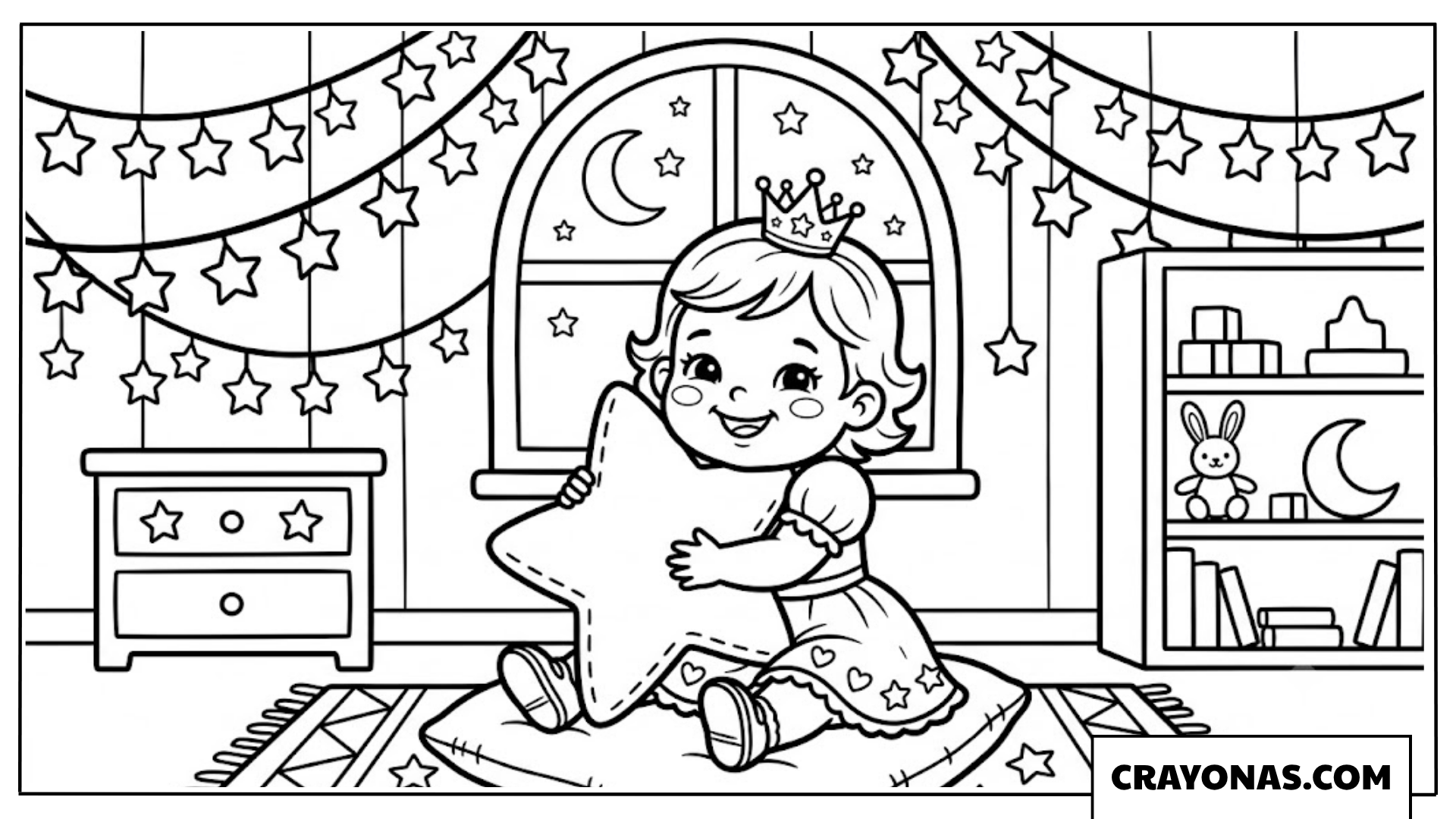 Baby Princess Hugging Star Pillow Coloring Page