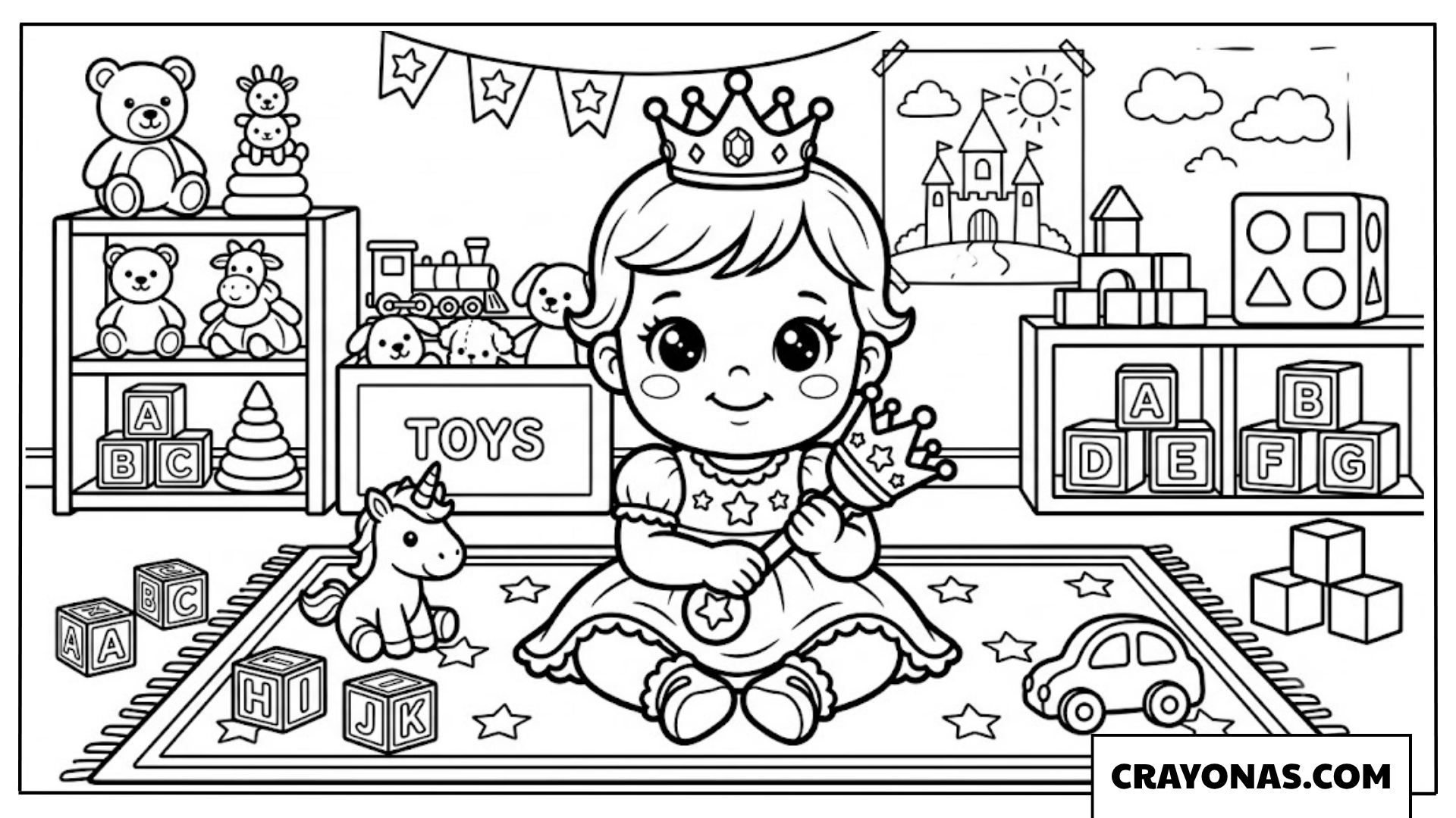 Baby Princess Playing with Toys Coloring Page