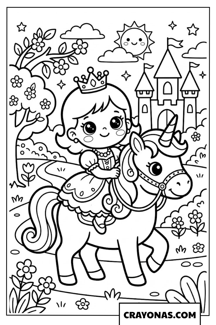 Baby Princess Riding Unicorn Coloring Page