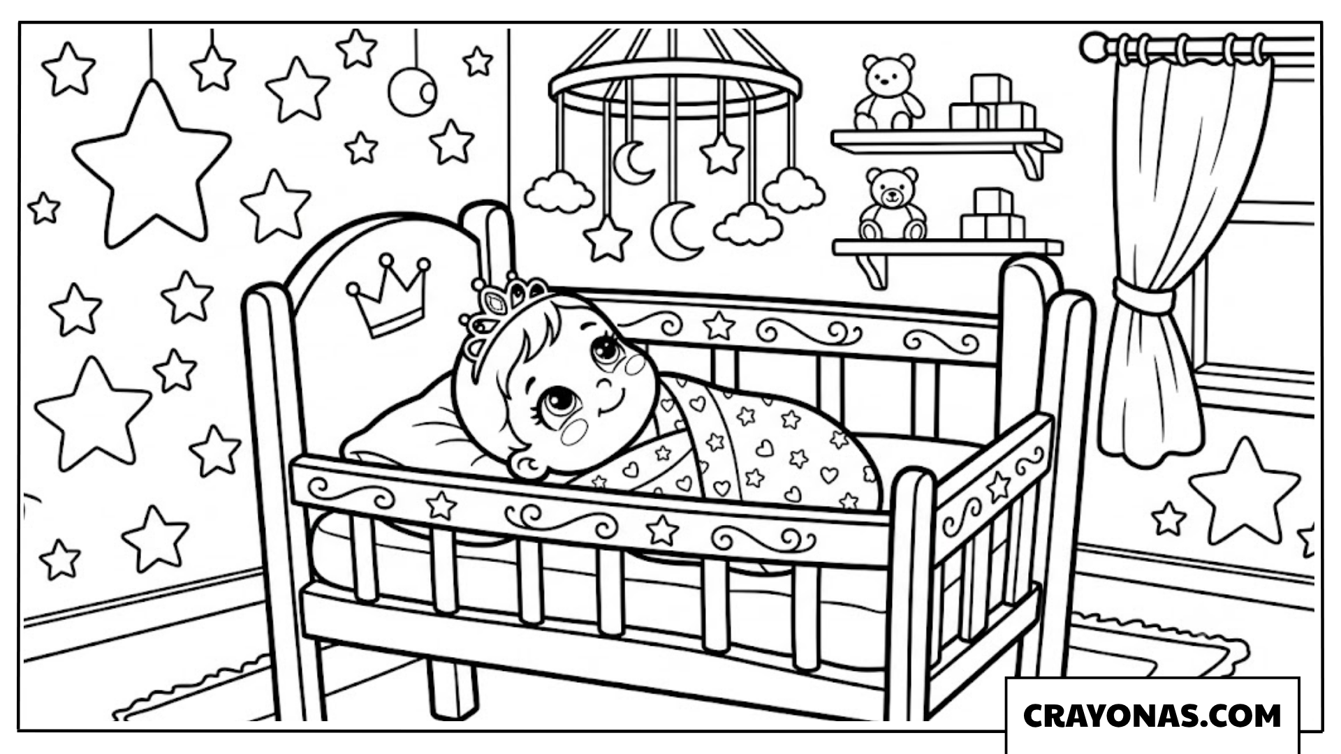 Baby Princess Sleeping in Crib Coloring Page