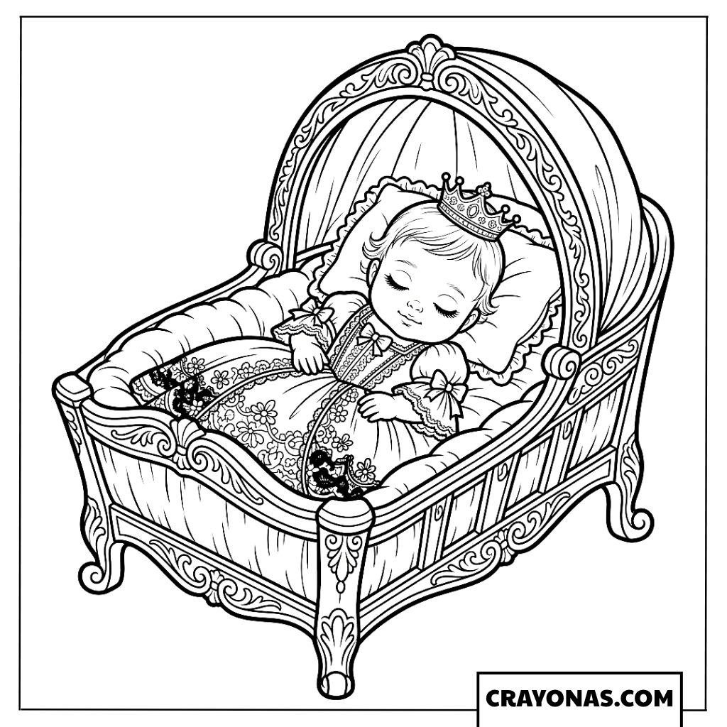 Baby Princess in Royal Cradle Coloring Page