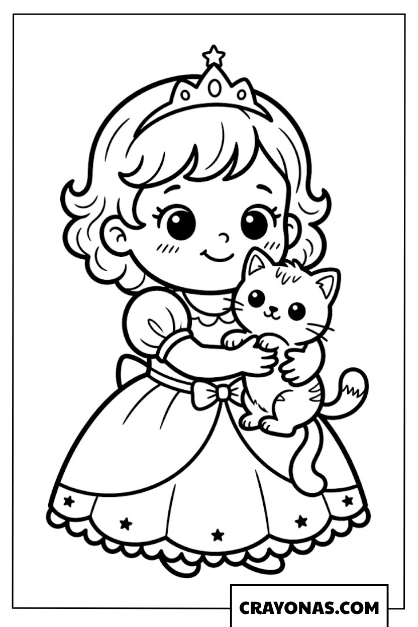 Baby Princess with Kitten Coloring Page
