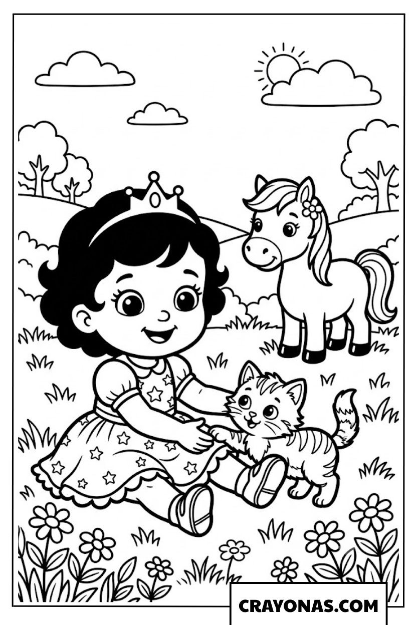 Baby Princess with Kitten and Pony Coloring Page