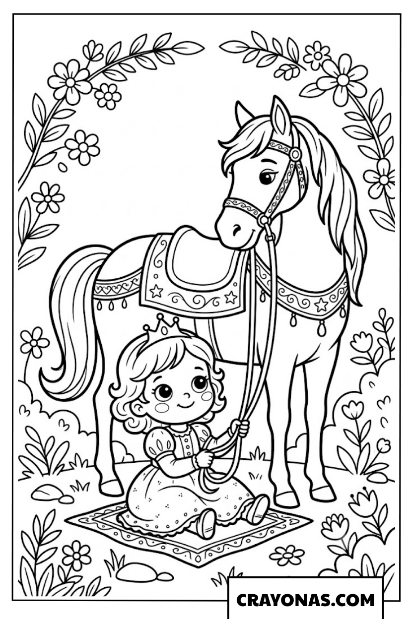 Baby Princess with Royal Horse Coloring Page