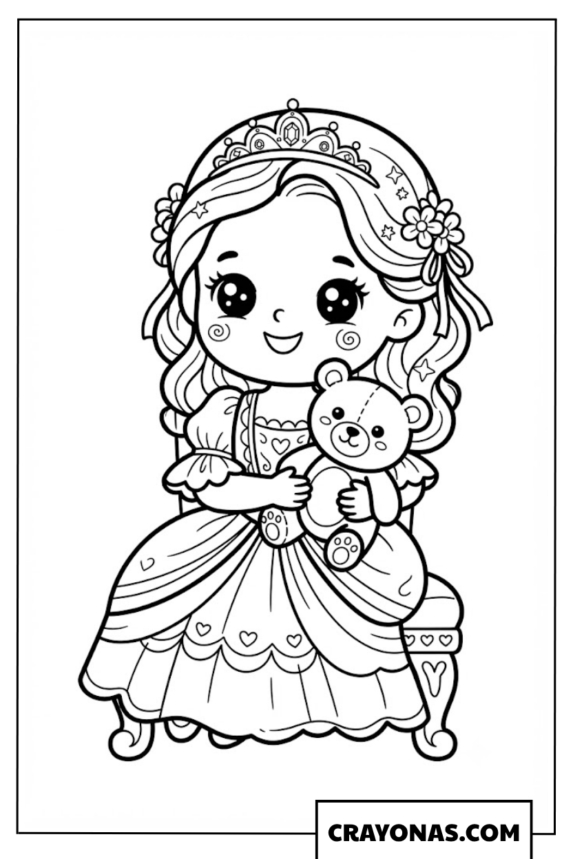 Baby Princess with Teddy Bear Coloring Page
