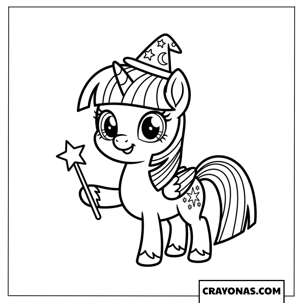 Baby Twilight Sparkle Wearing Wizard Hat Holding Wand Coloring Page