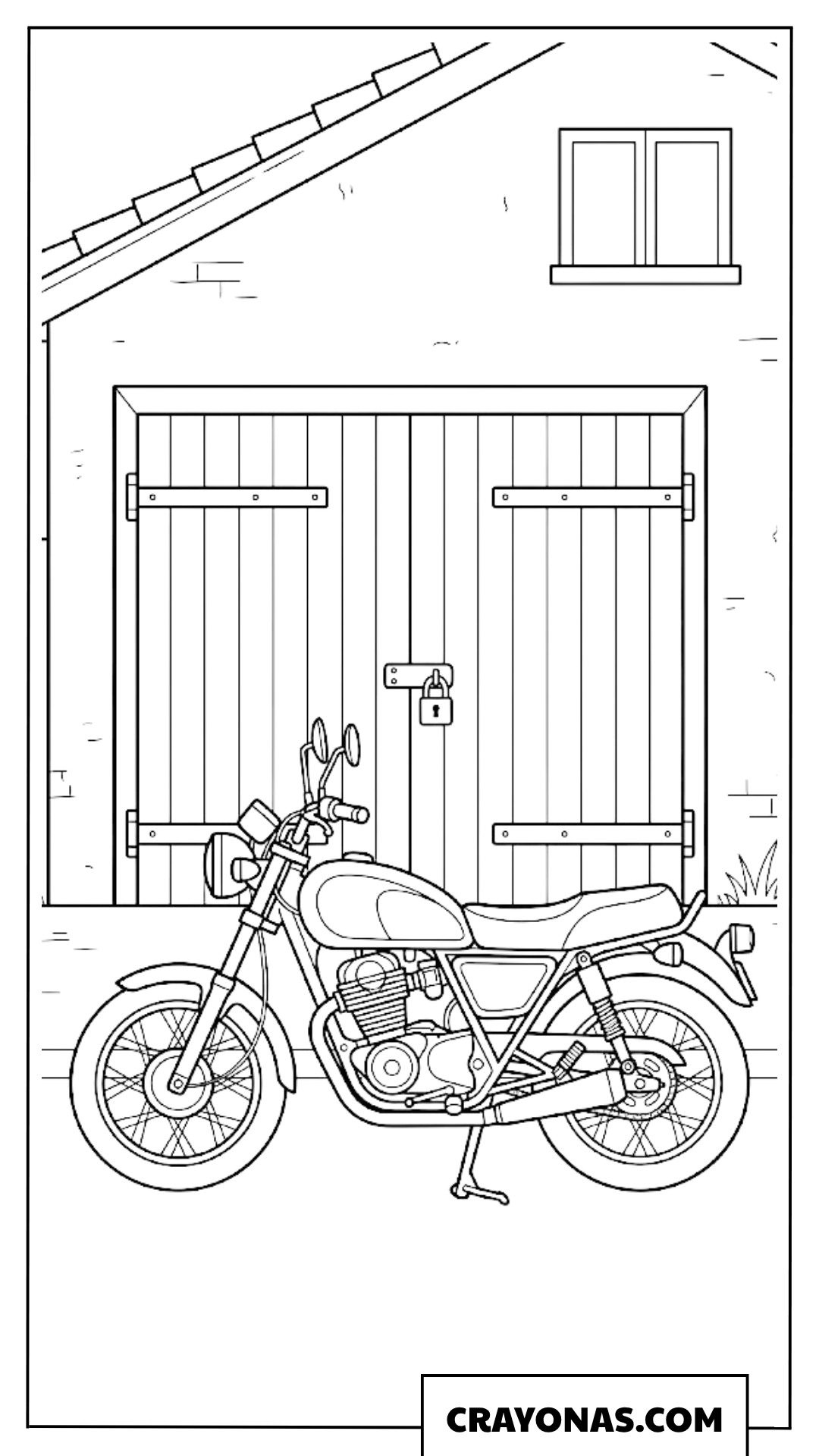 Basic Vintage Motorcycle Parked by a Garage Door Coloring Page