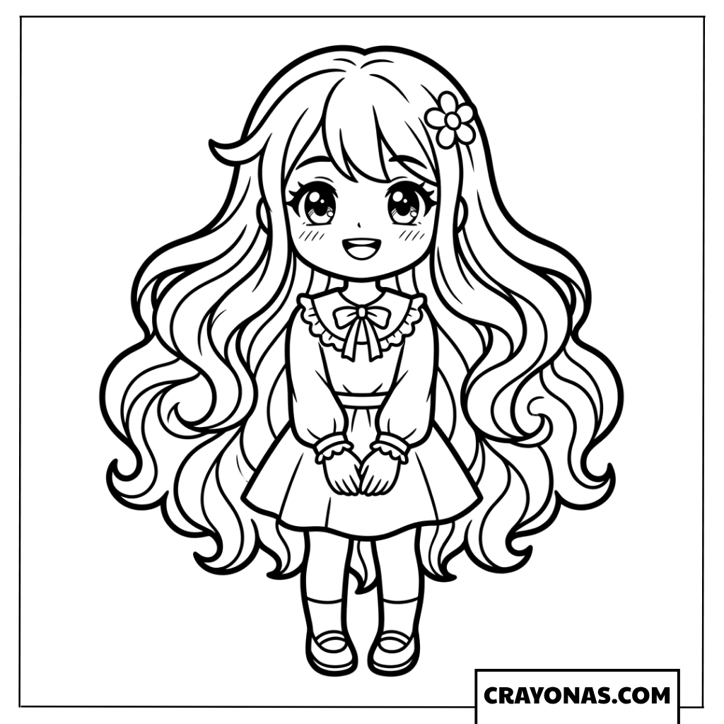 Beautiful Anime Girl with Long Wavy Hair Coloring Page