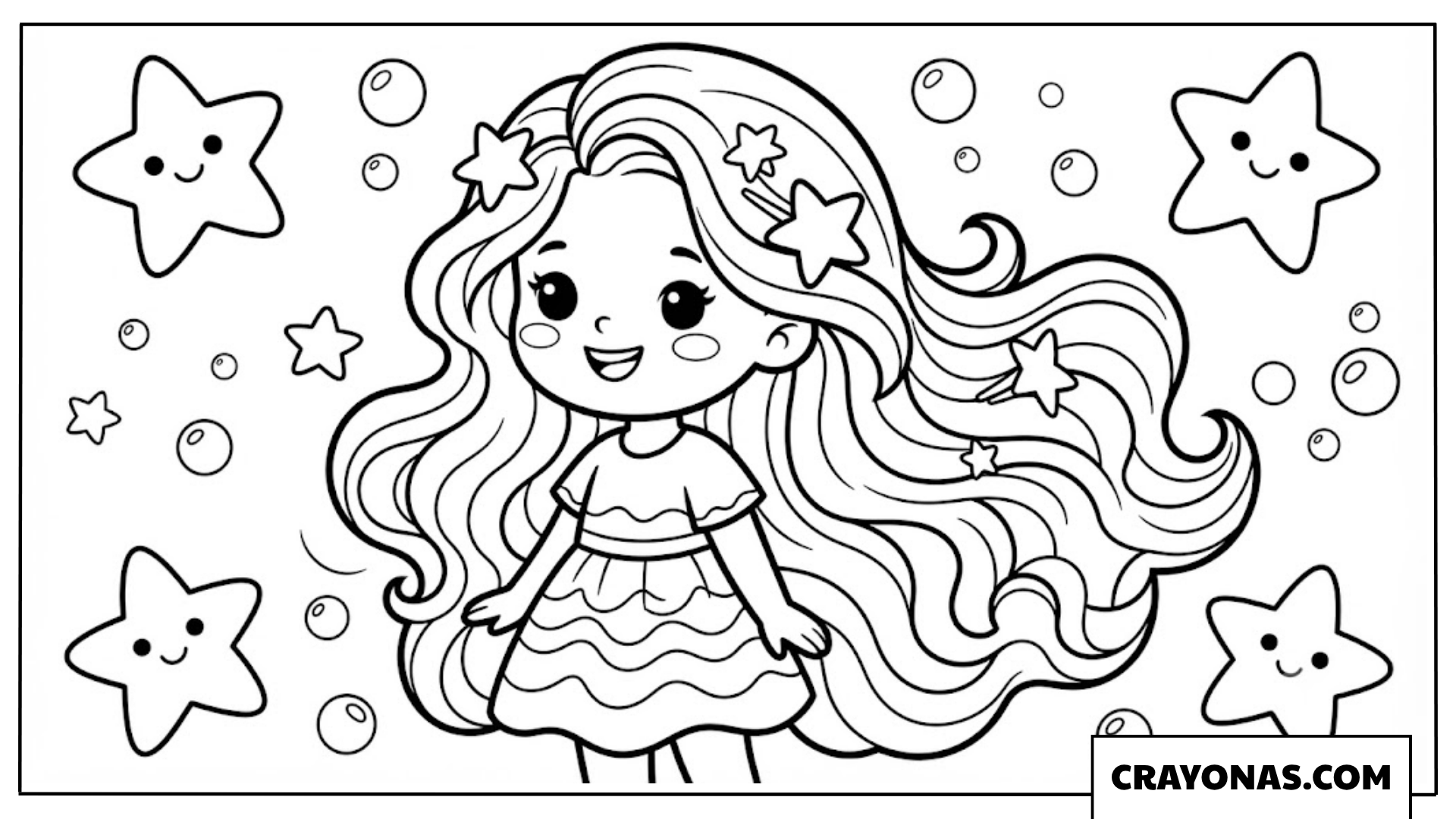 Beautiful Anime Girl with Long Wavy Hair and Stars Coloring Page