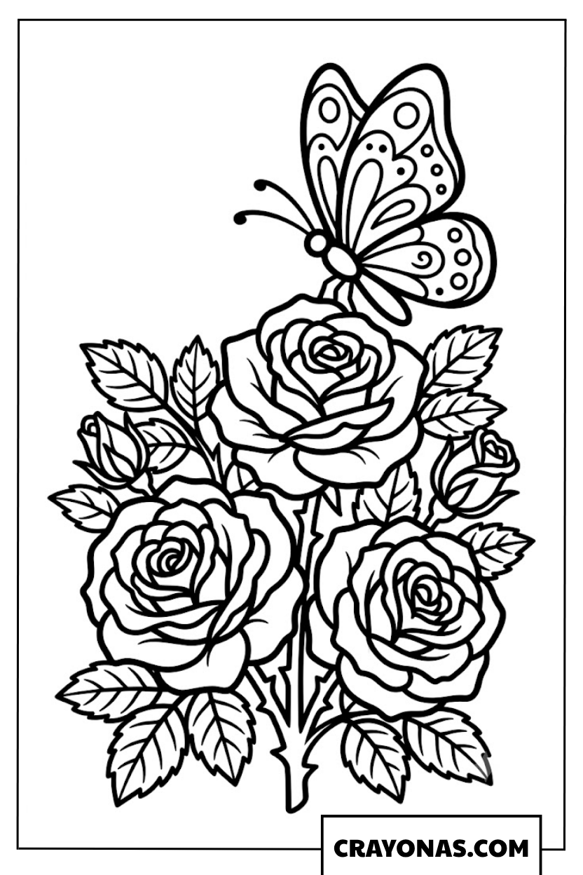 Beautiful Butterfly on Rose Bouquet Coloring Page