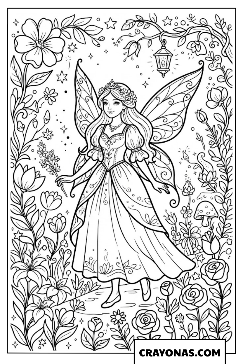 Beautiful Fairy Princess in Enchanted Garden Coloring Page