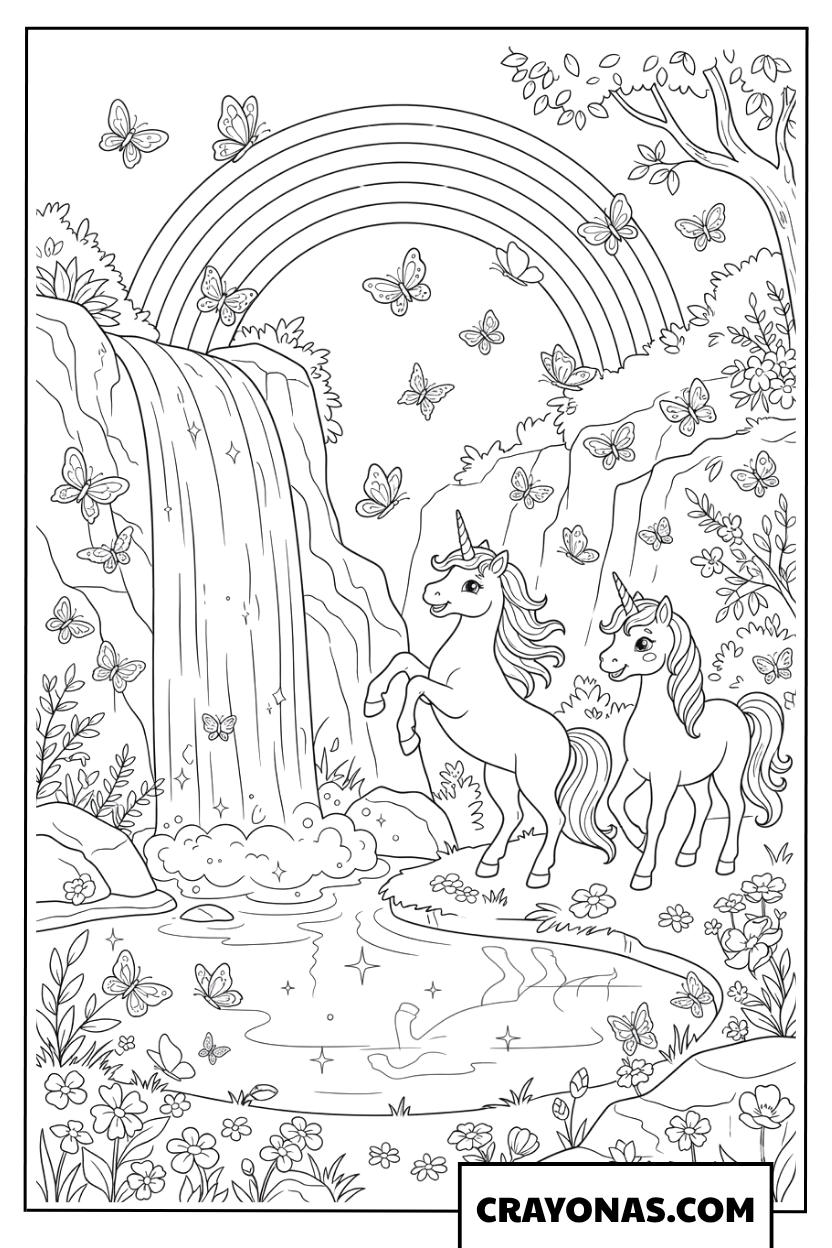 Beautiful Unicorns by a Magical Waterfall and Rainbow Coloring Page