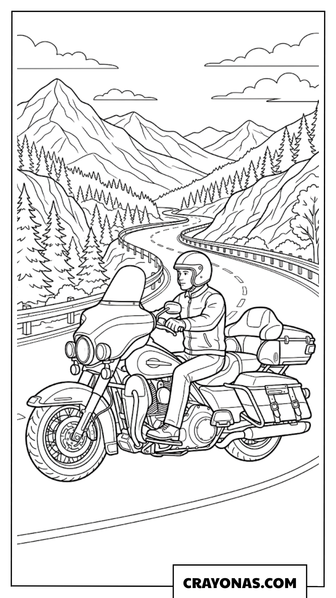 Biker Riding a Large Touring Motorcycle on Mountain Road Coloring Page