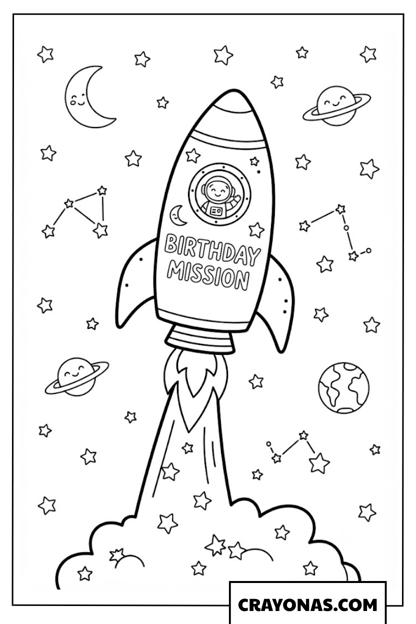 Birthday Rocket in Space Coloring Page
