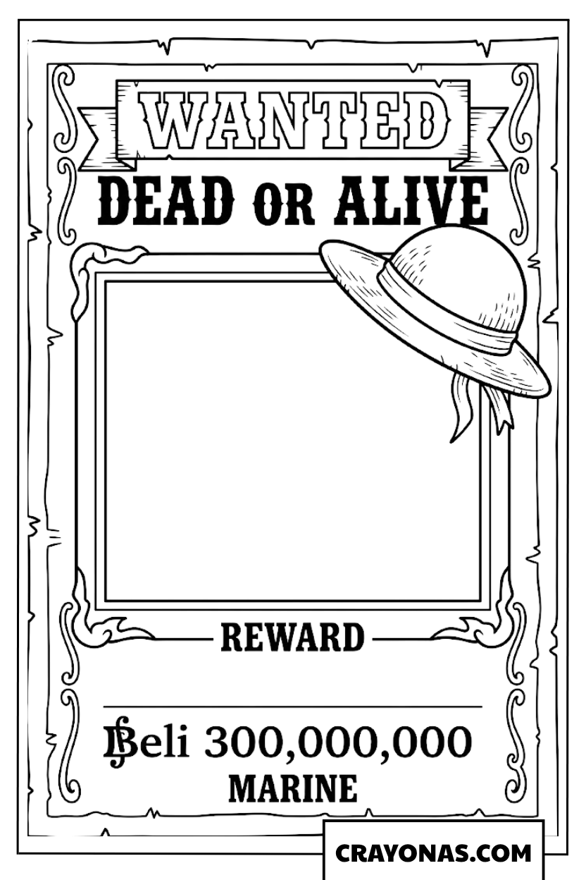 Blank One Piece Wanted Poster With Luffy Straw Hat Coloring Page