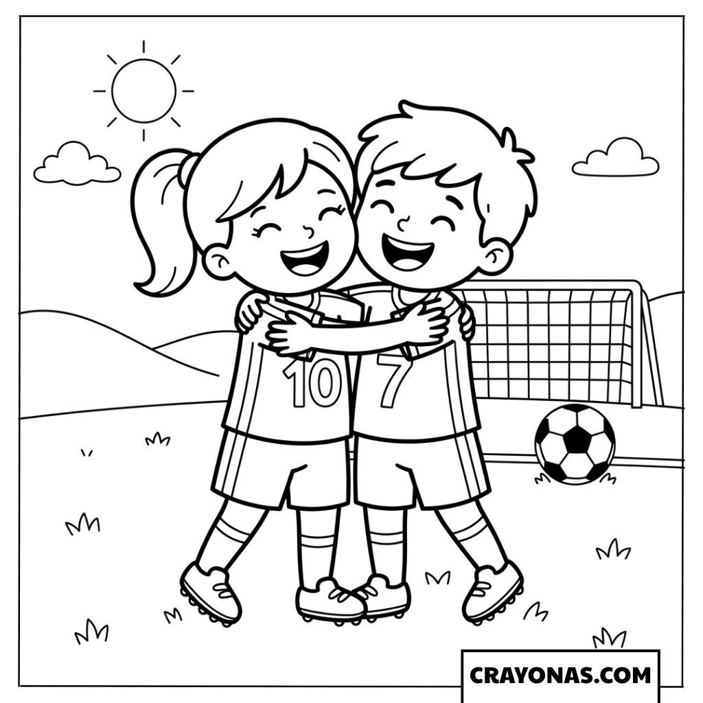Boy and Girl Soccer Players Hugging Coloring Page