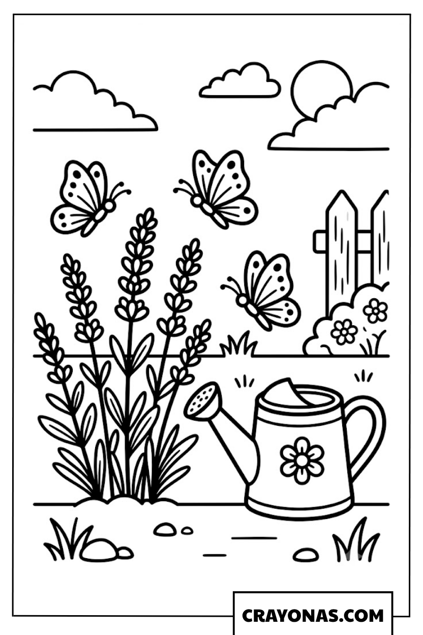 Butterflies Fluttering in Garden with Watering Can Coloring Page