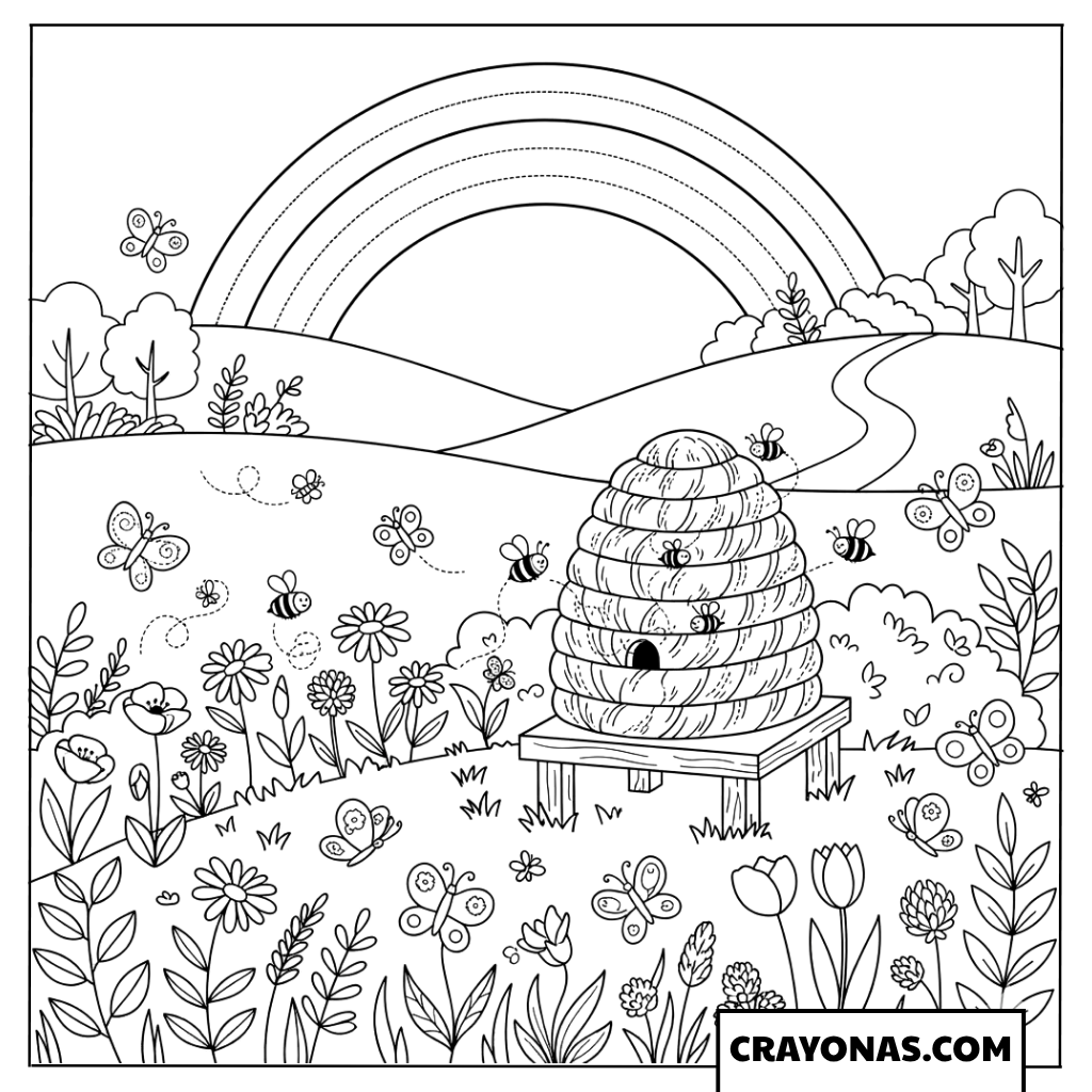 Butterflies and Bees Buzzing Around Beehive with Meadow Rainbow Coloring Page