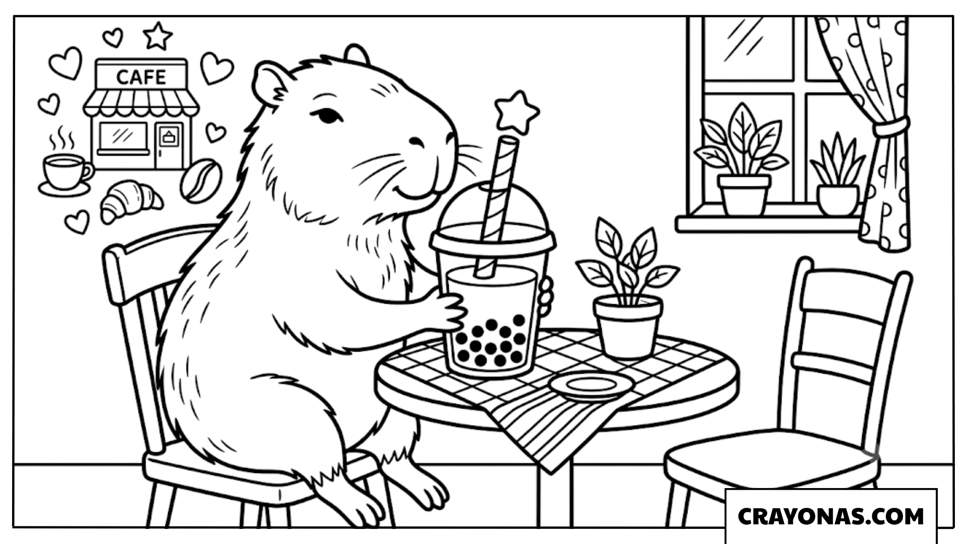 Capybara Drinking Bubble Tea in Cozy Cafe Coloring Page