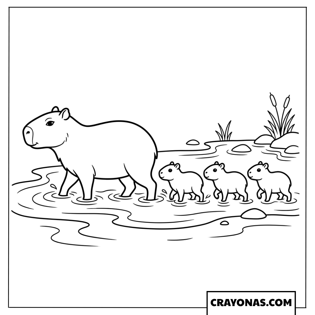 Capybara Family Wading in River Stream Coloring Page