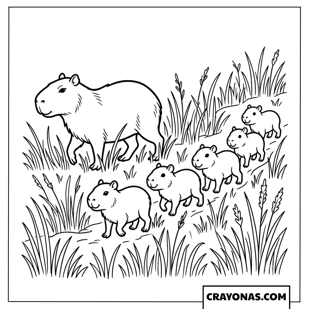 Capybara Family Walking Through Tall Grass Coloring Page