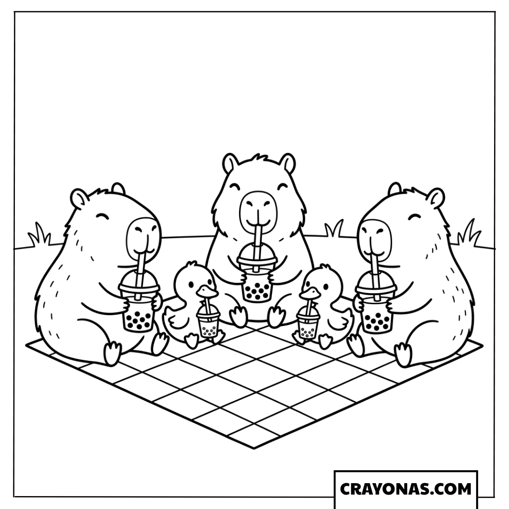 Capybara Group Boba Tea Picnic Coloring Page