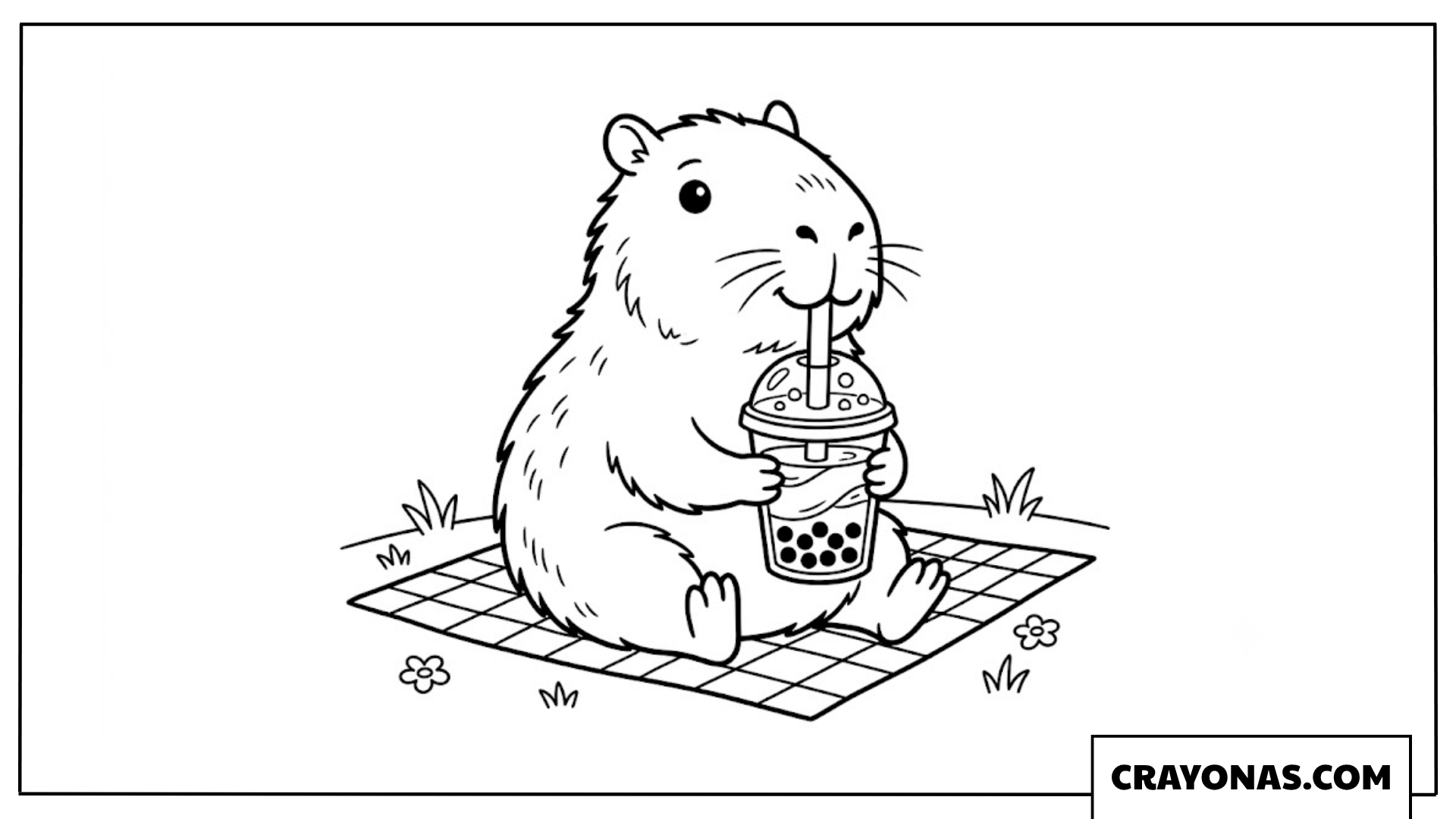 Capybara Having Boba Tea Picnic on Mat Coloring Page