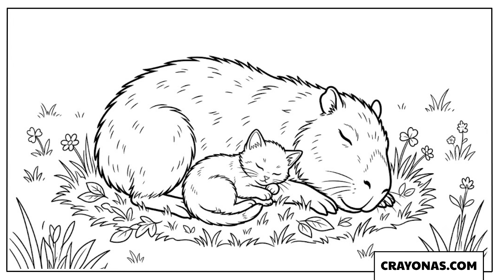 Capybara and Cute Kitten Snuggling Together Coloring Page
