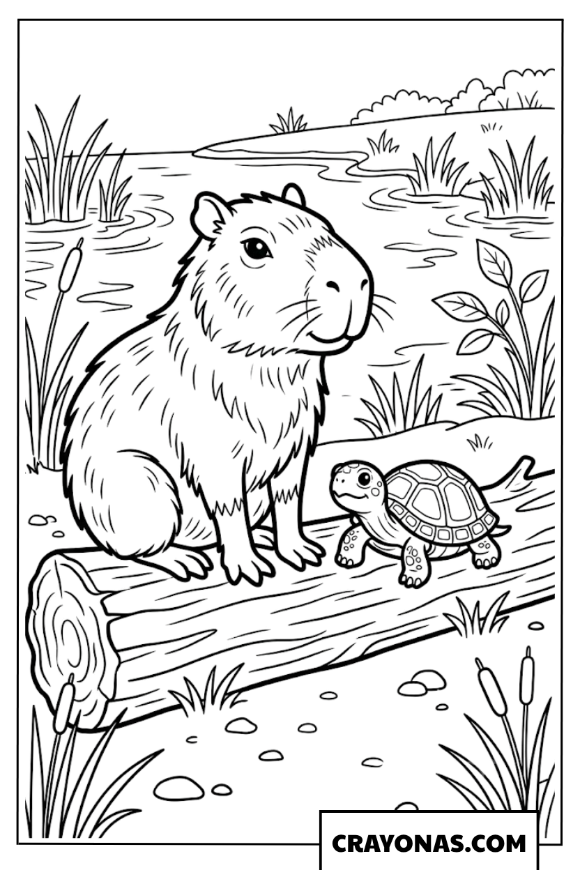 Capybara and Cute Turtle Friend on Log Coloring Page