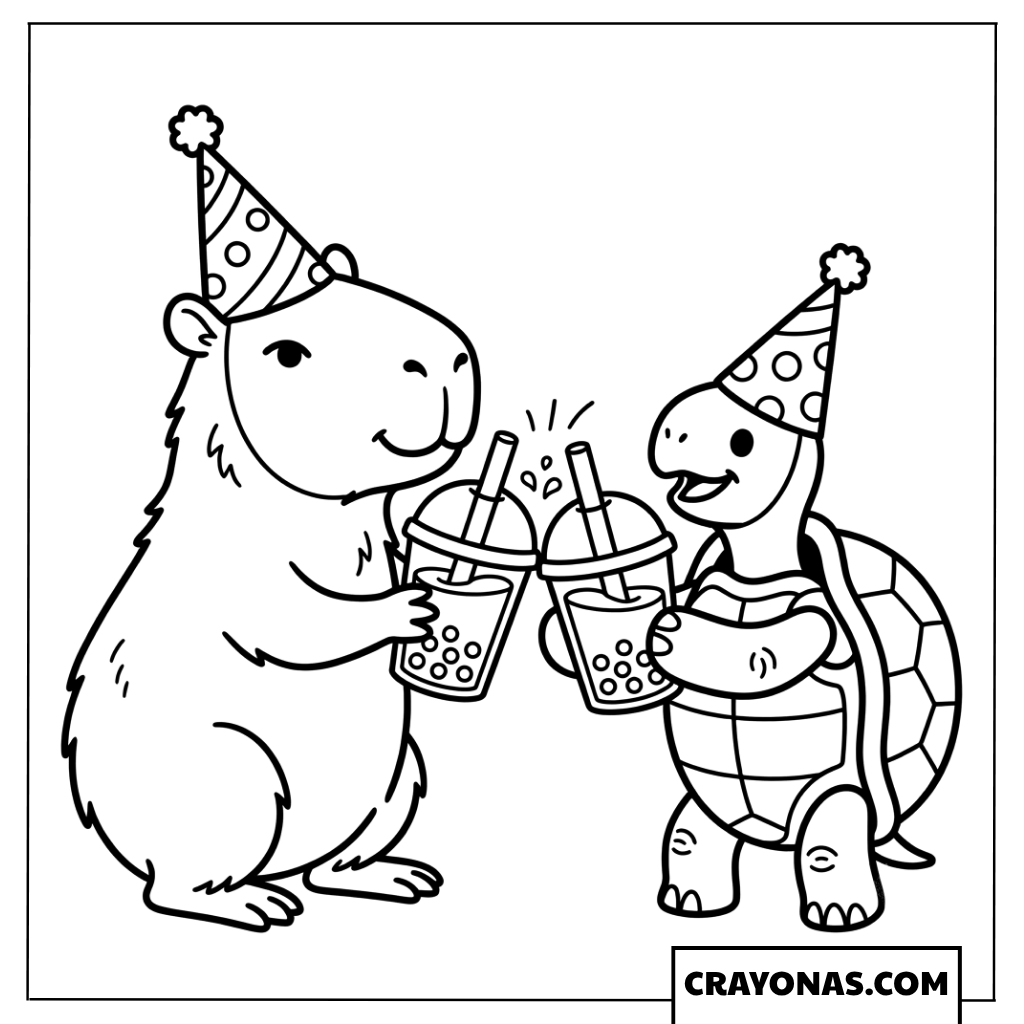 Capybara and Turtle Birthday Party Boba Coloring Page