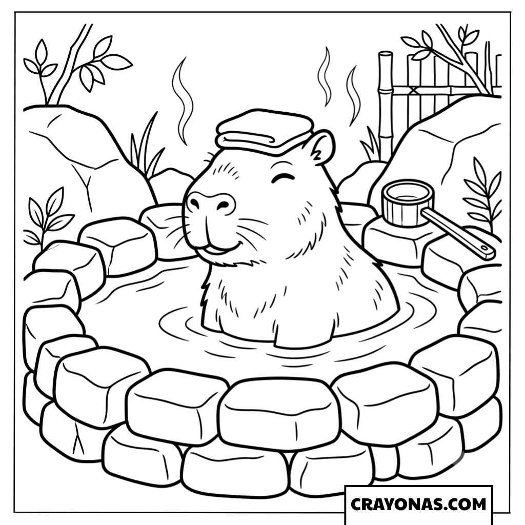 Capybara with Towel on Head in Hot Spring Coloring Page