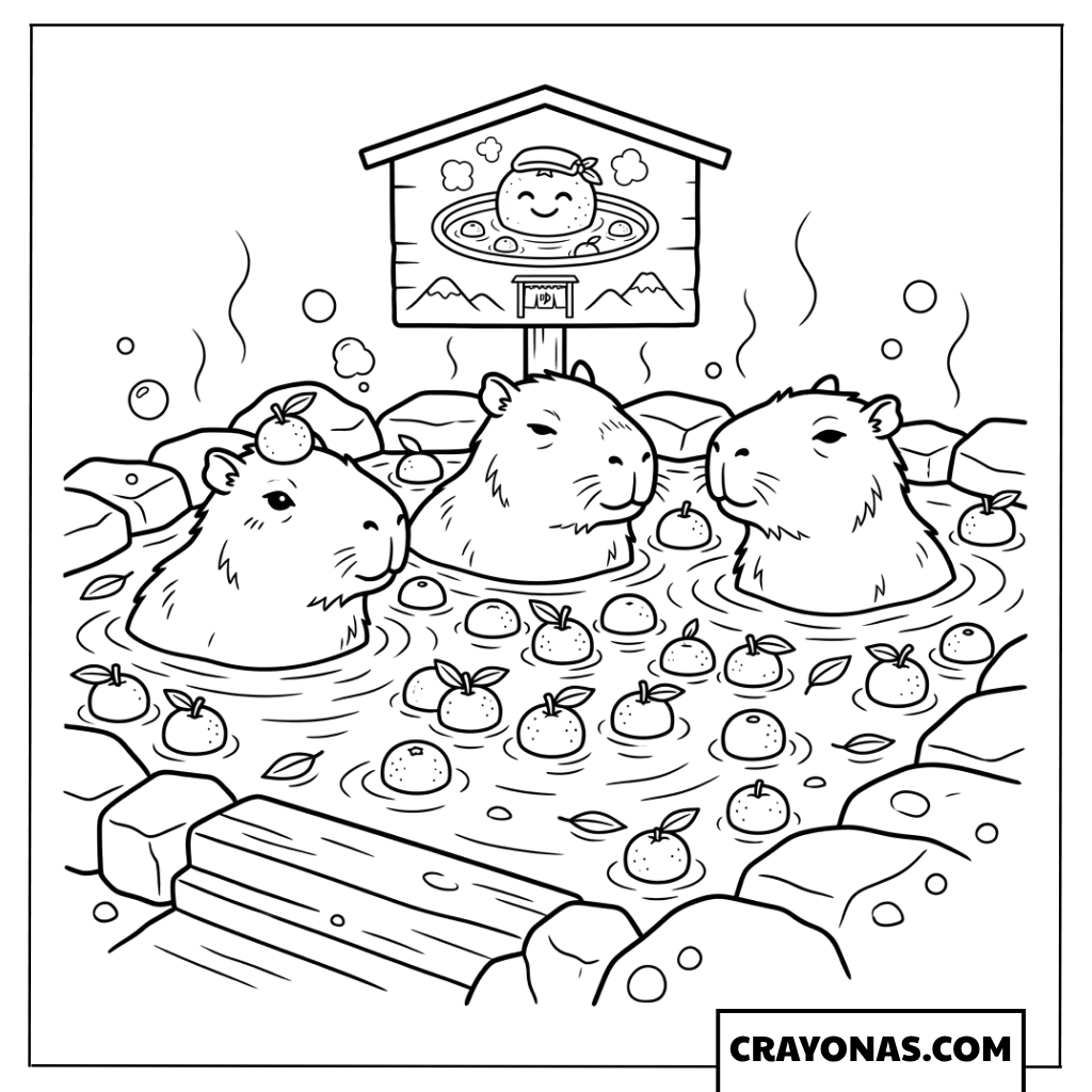 Capybaras Bathing with Yuzu Fruits in Onsen Coloring Page