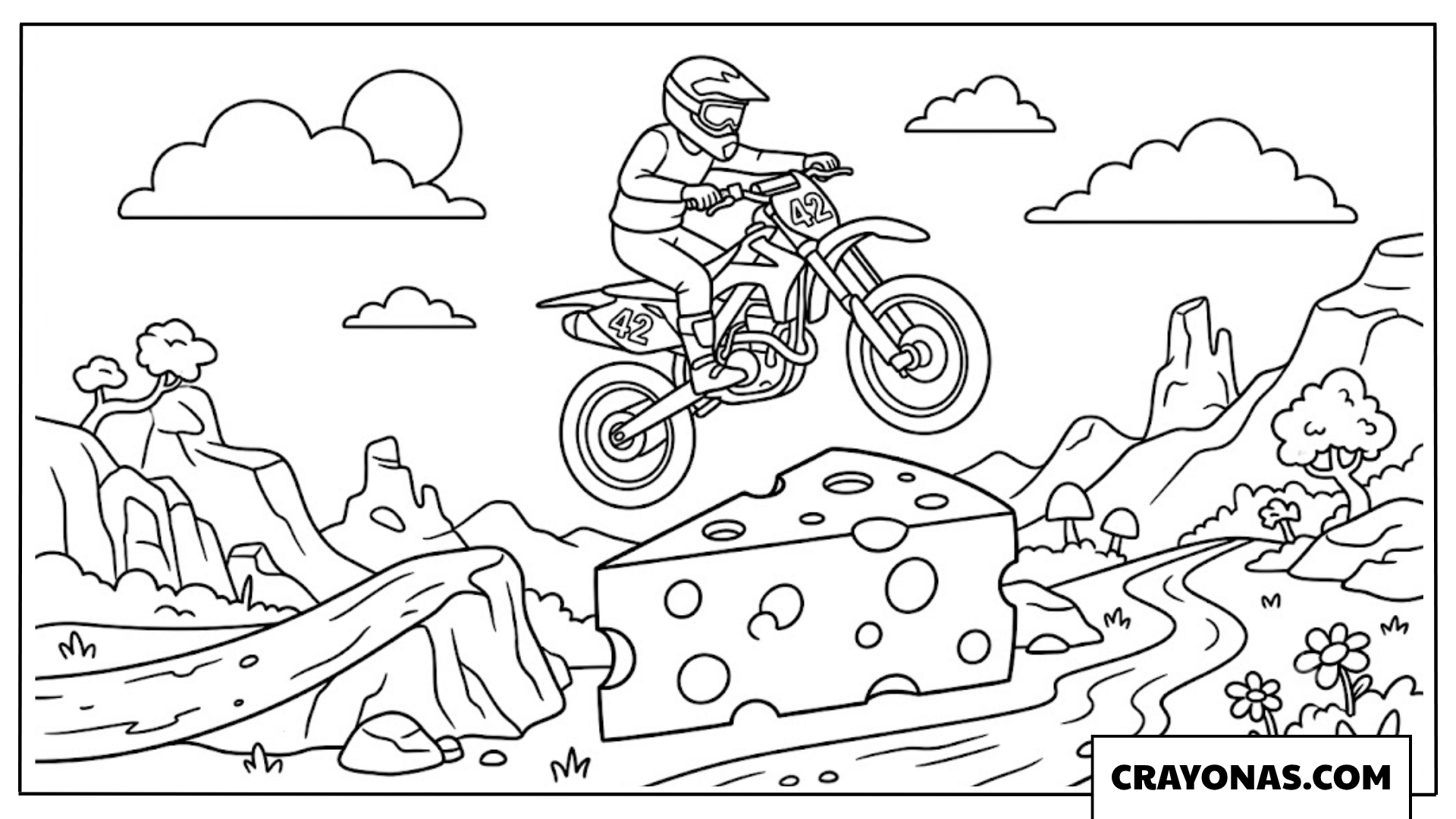Cartoon Dirt Bike Jumping Over Cheese Mountain Coloring Page