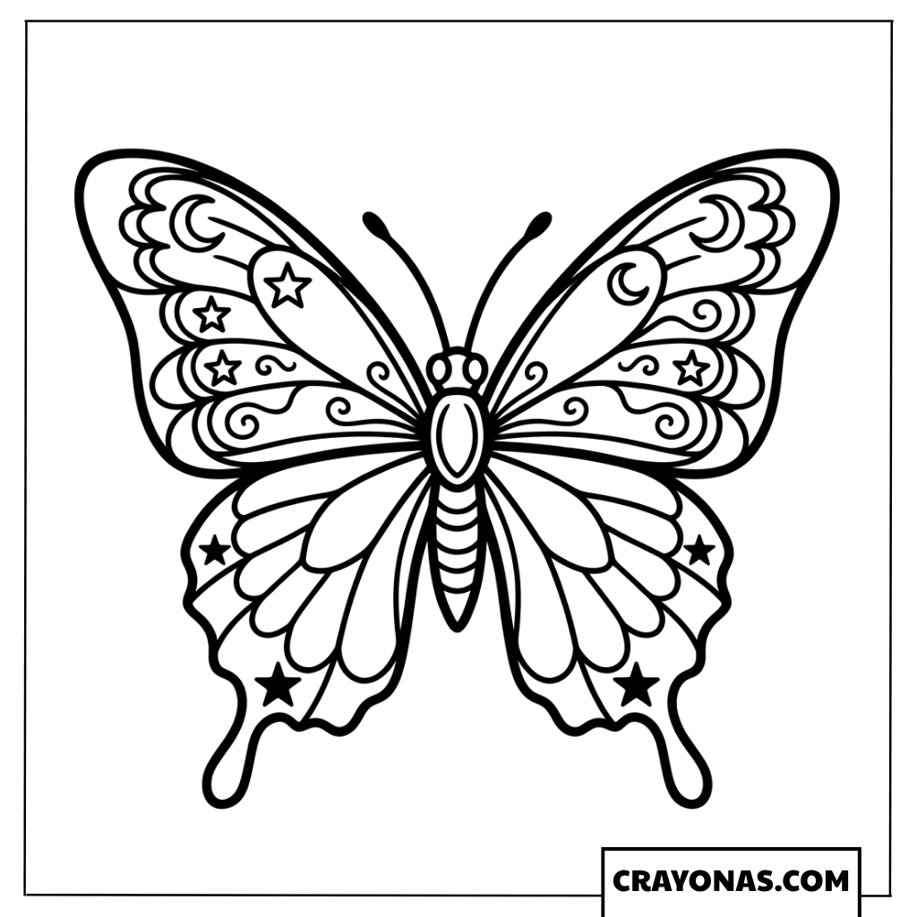 Celestial Moon and Stars Fantasy Butterfly Coloring Page