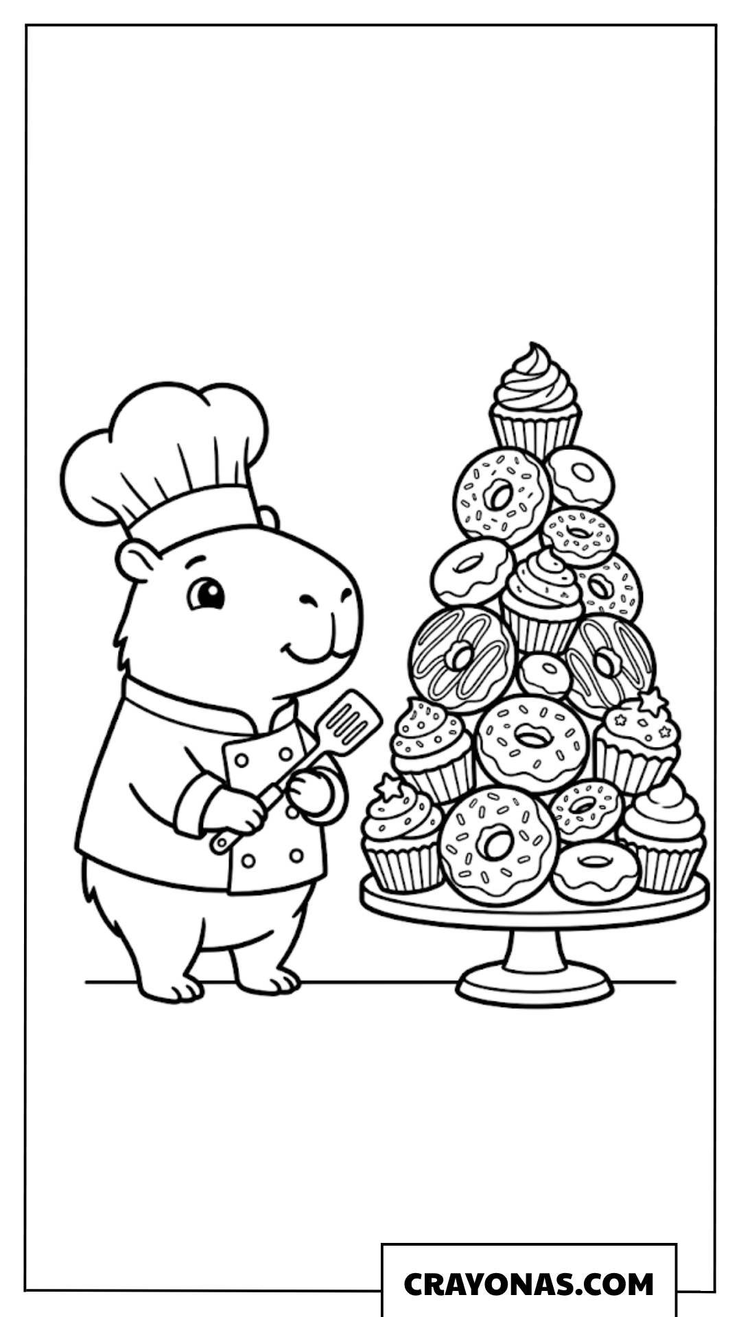 Chef Capybara with Giant Tower of Donuts Coloring Page