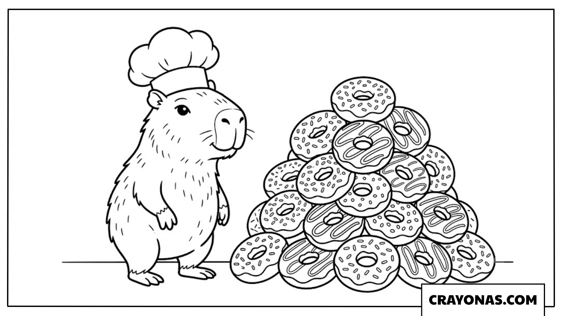 Chef Capybara with Huge Pile of Donuts Coloring Page