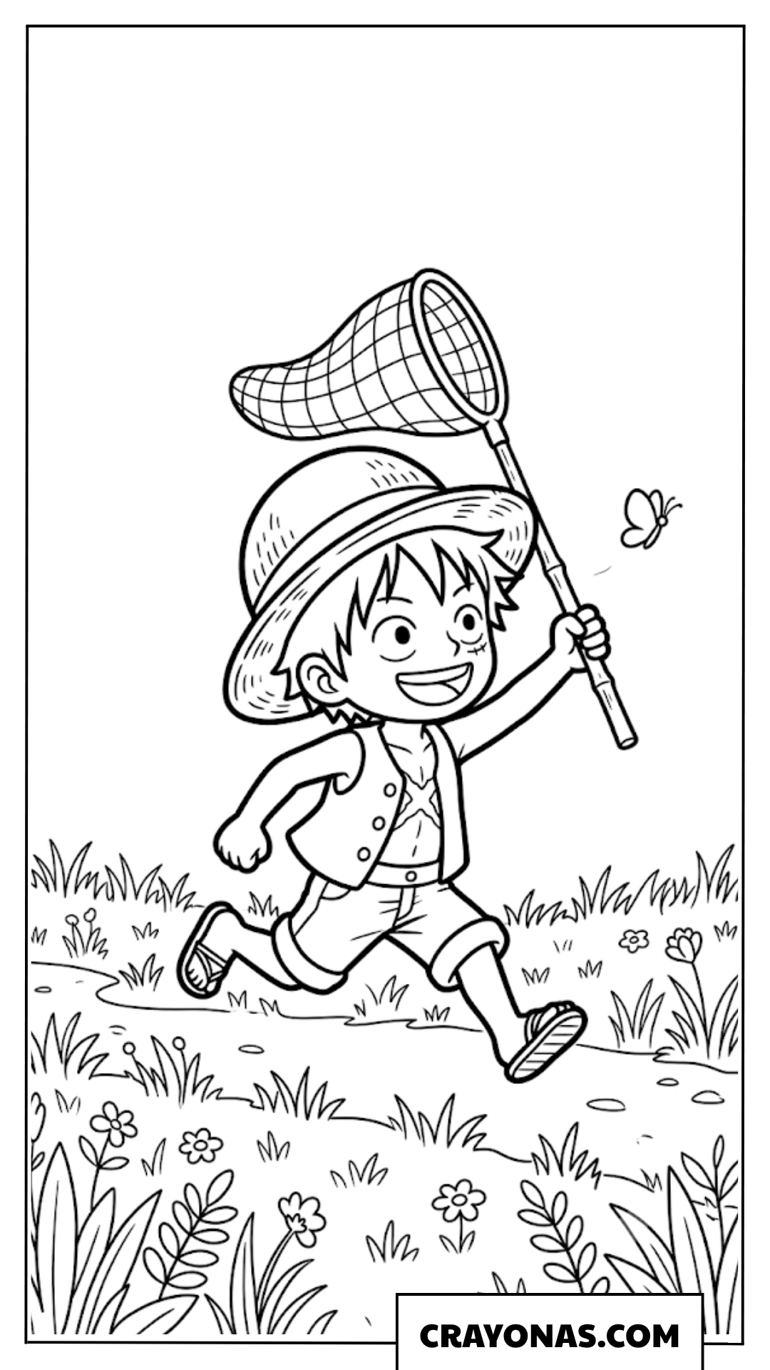 Chibi Luffy Catching Butterflies With Net Coloring Page