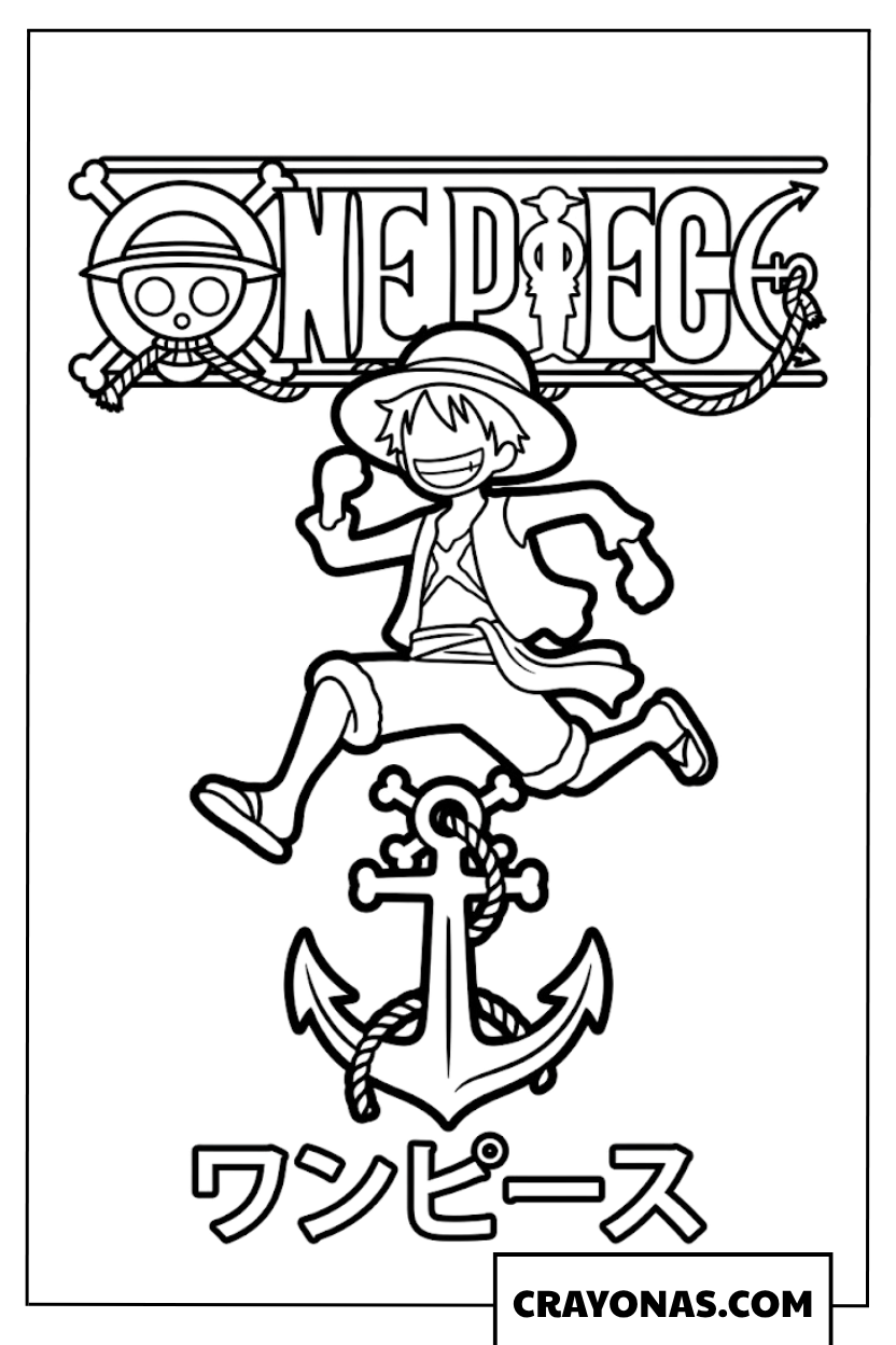 Chibi Luffy Running Near Anchor With One Piece Logo Coloring Page