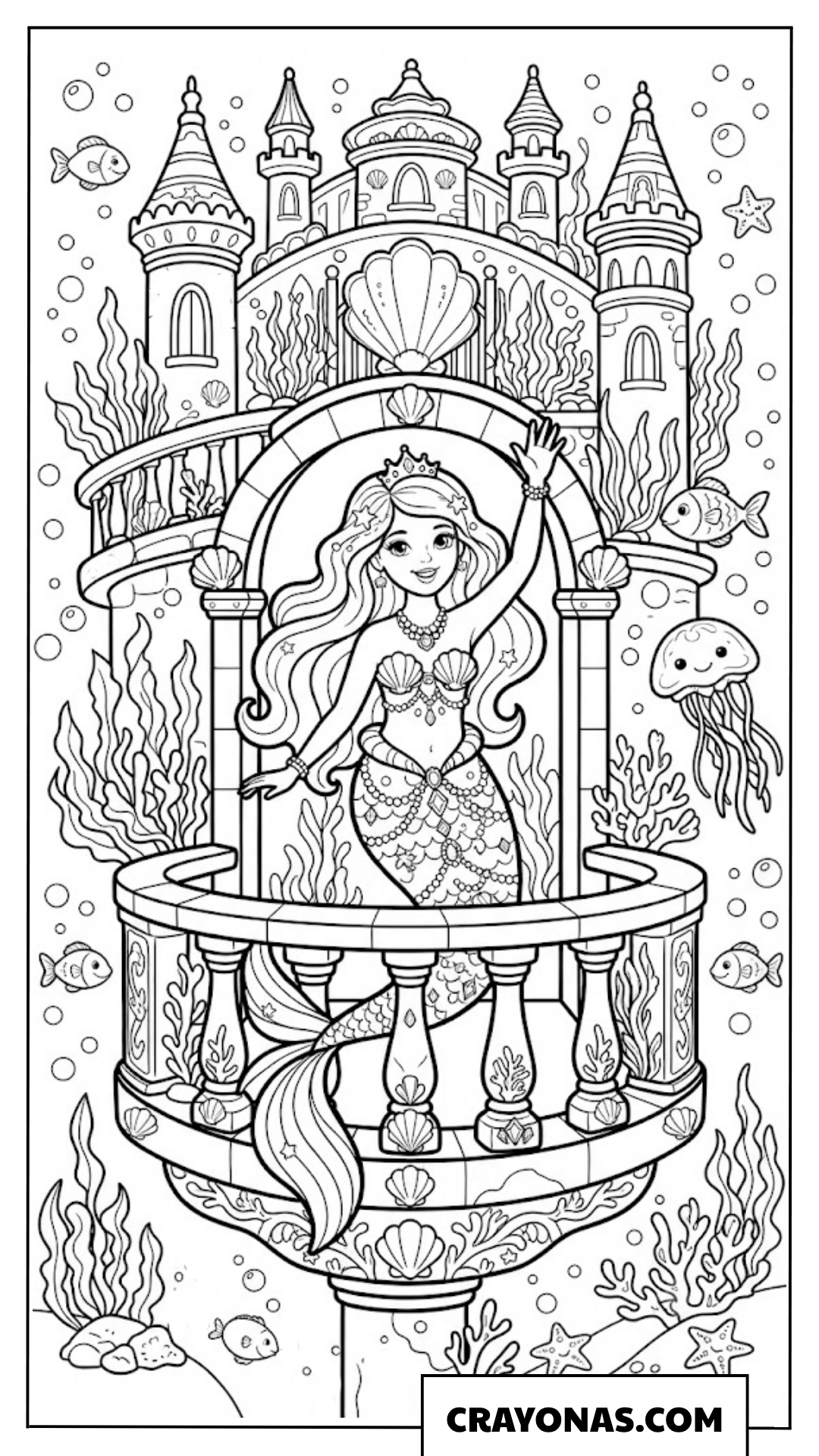 Chibi Mermaid Princess at Castle Balcony Coloring Page