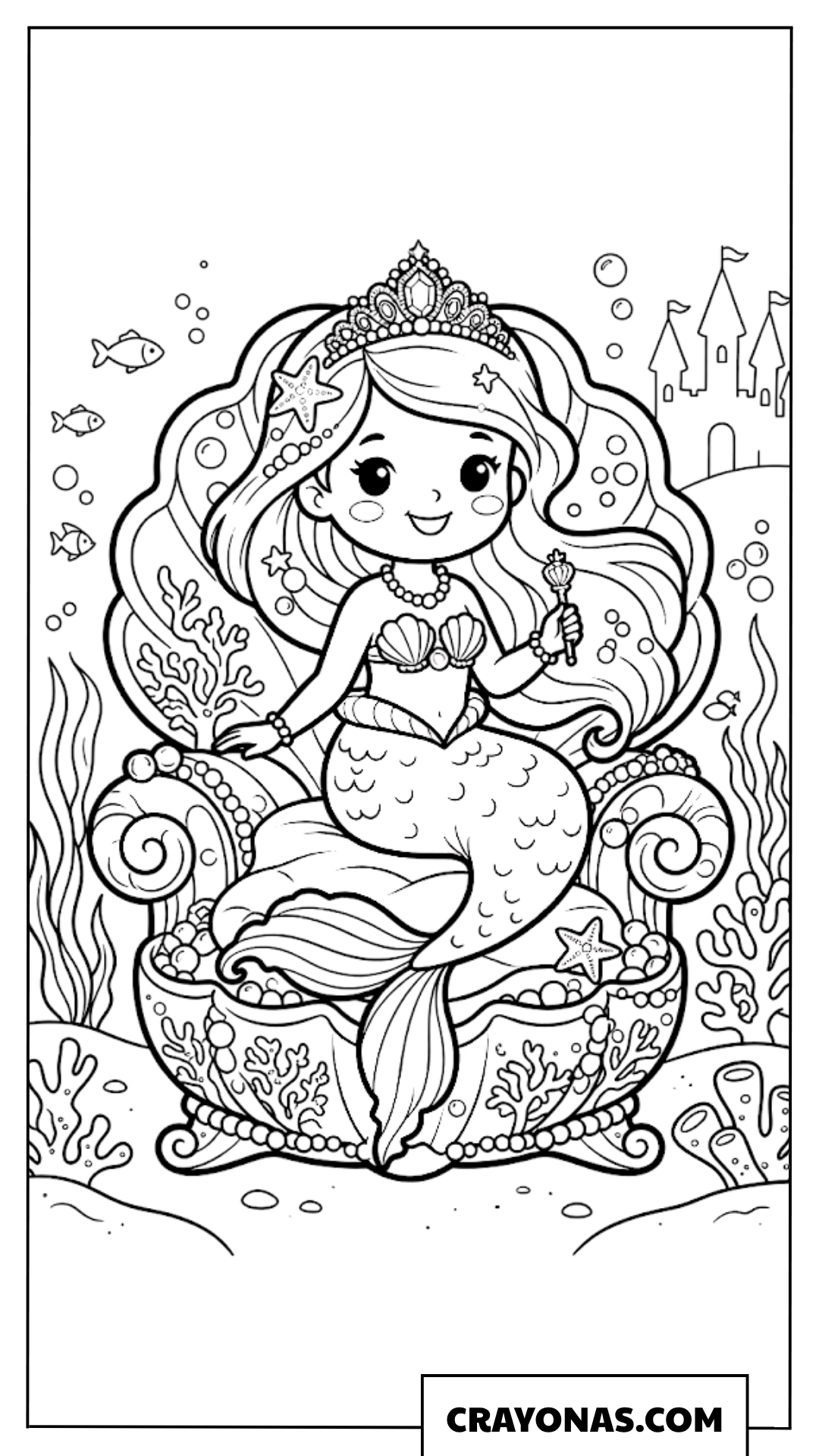 Chibi Mermaid Princess on Throne Coloring Page