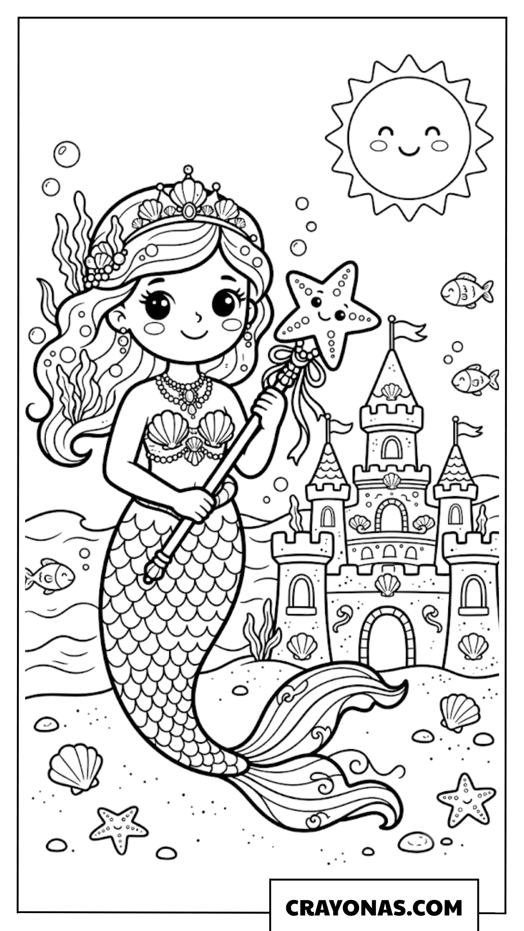 Chibi Mermaid Princess with Magic Wand Coloring Page