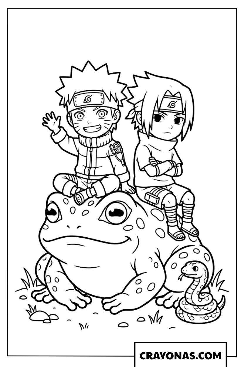 Chibi Naruto and Sasuke with Gamabunta and Aoda Coloring Page