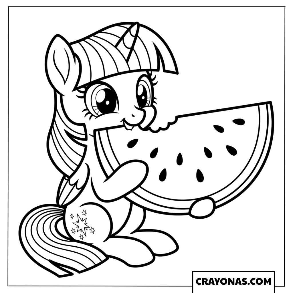 Chibi Twilight Sparkle Eating Giant Watermelon Slice Coloring Page