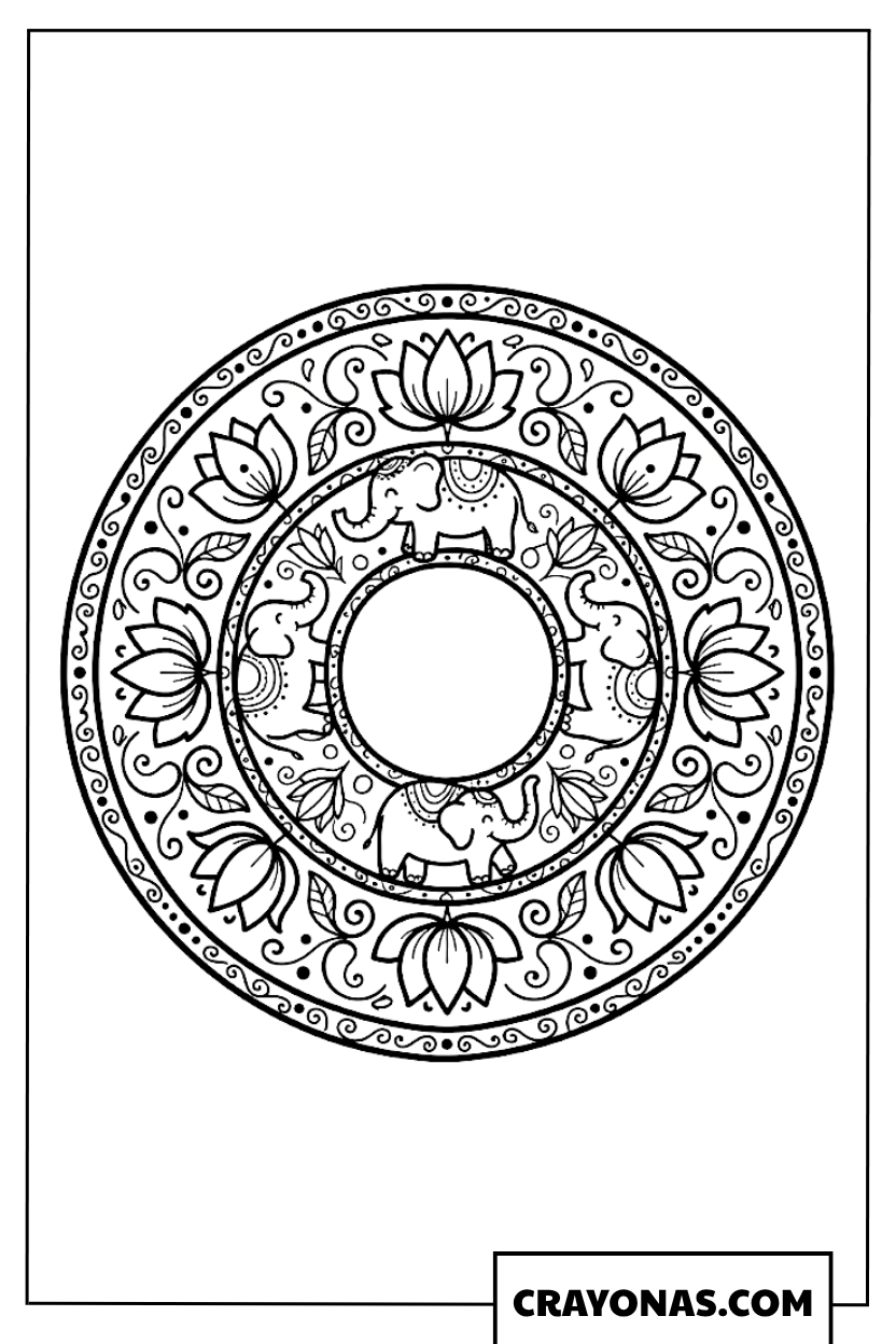 Circular Mandala Elephant Design Coloring Page