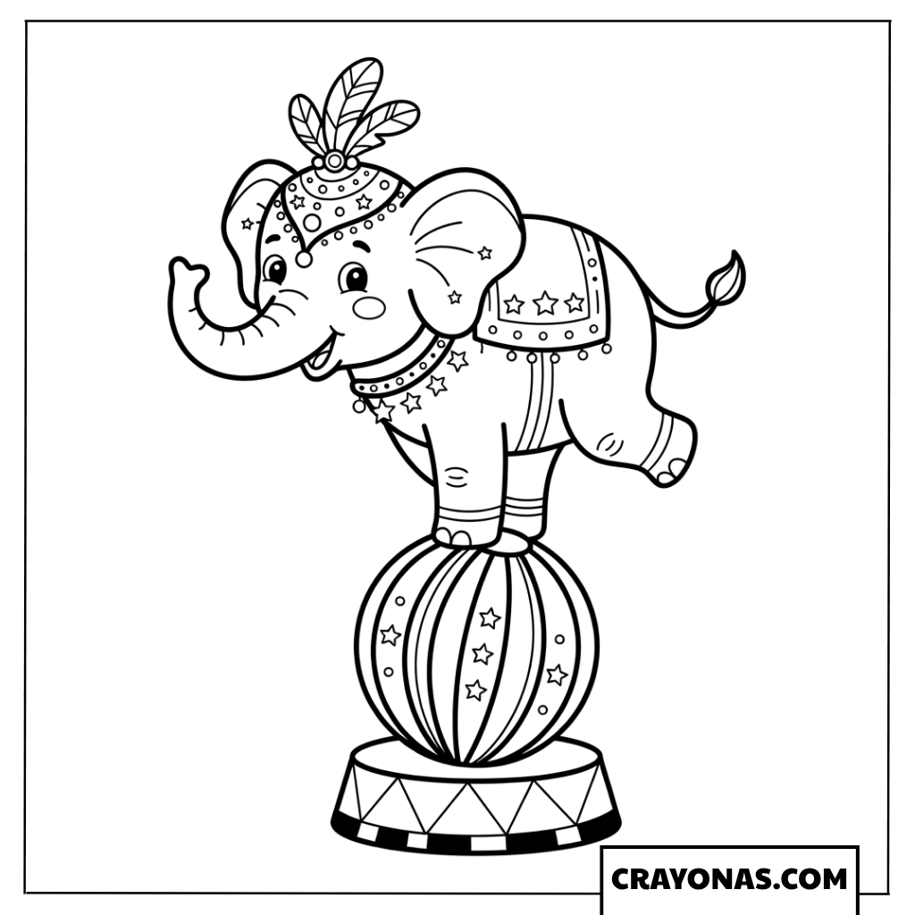 Circus Elephant on Ball Coloring Page