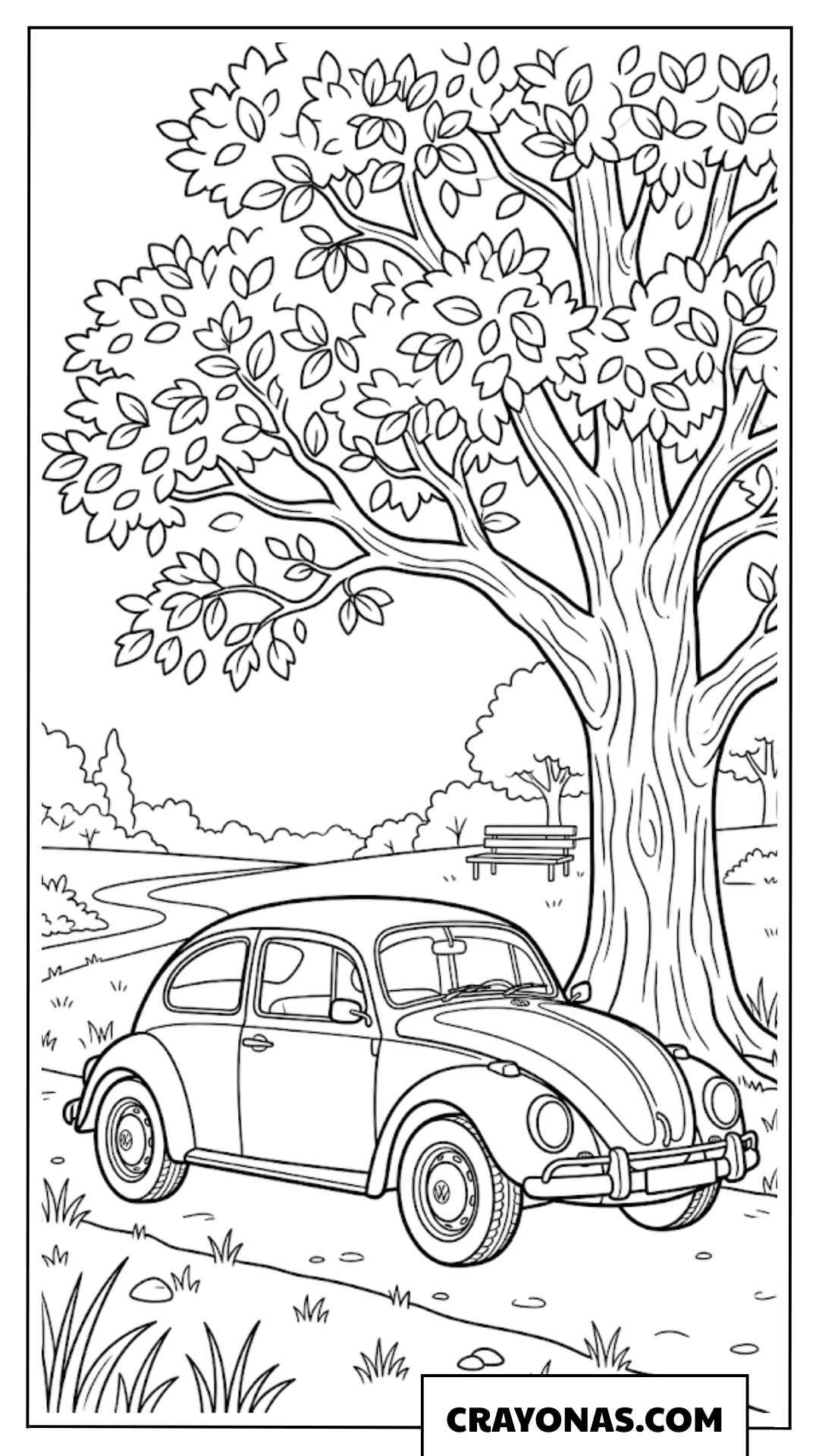 Classic Beetle Car Parked Under Big Tree Coloring Page